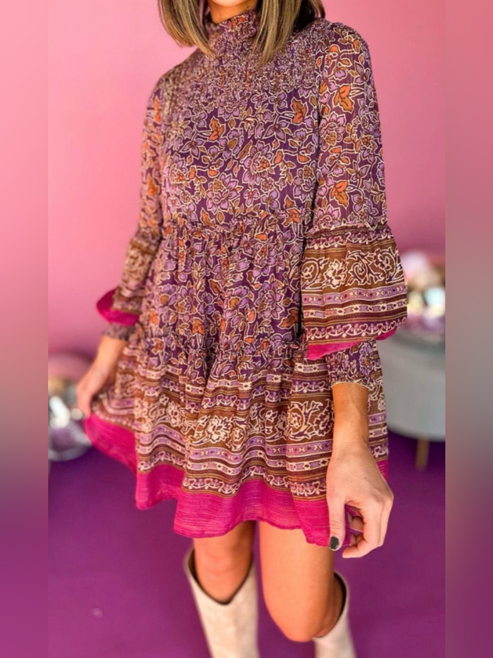 Fall Purple Orange Pink Floral Print Smocked
Puff Long Sleeve High Neck Mini Dre